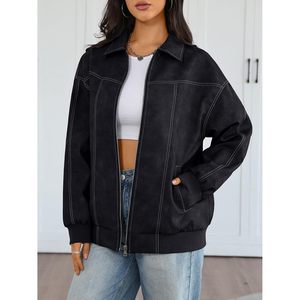 Womens PU Leather Bomber Jacket Oversized Full Sleeve Plus Size Zip Up Motorcycle Style Fall <b>Winter</b> Outerwear - Product Image 3