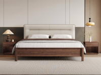 Lit en bois massif de style nordique 1,8 m, noyer, lit en similicuir respirant et flexible, hauteur réglable