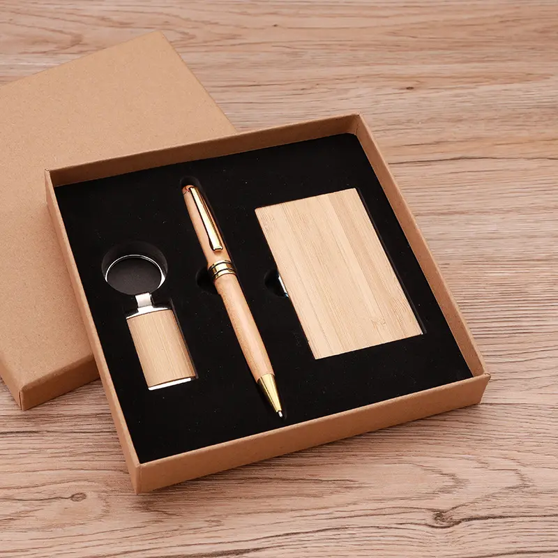 Logotipo personalizado Business Wood gift box set 2023 High End Bamboo Gift Set Ásia Pen 3 em 1 Item promocional reunião corporativa conjuntos