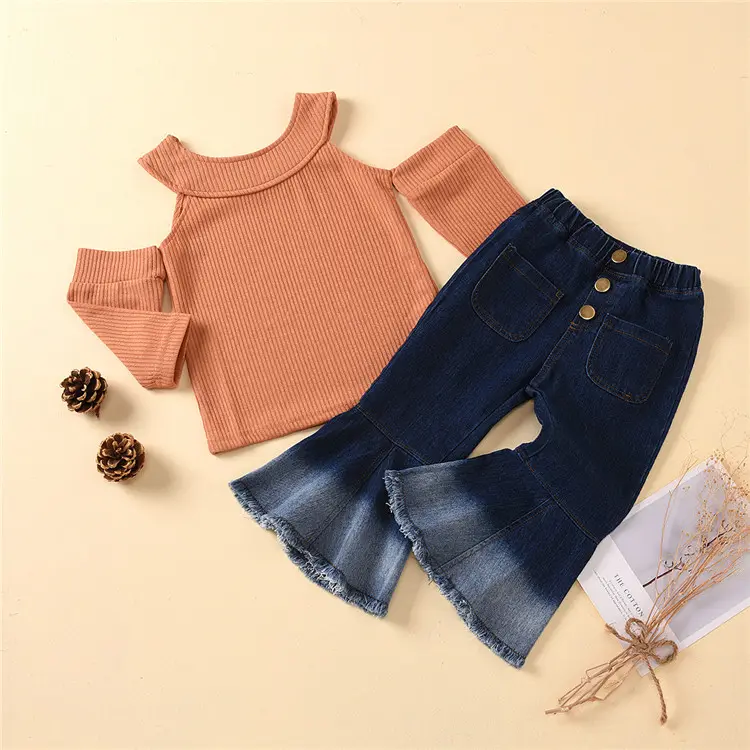 GHY92 Girls Clothes Fashion Kids Baby Girl Off-shoulder Knitted Top Denim Flared Pants 2pcs Outfit Casual