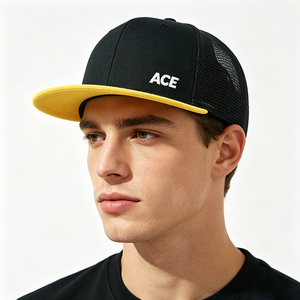 Custom Logo Black Yellow Character Unisex Trucker <b>Hat</b> Breathable Mesh Back Trucker Cap OEM Wholesale Printed <b>Flat</b> Brim - Product Image 1