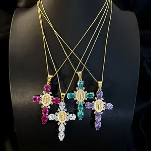 Custom colorful pear cut cubic zircon religious cross necklace for women 2023