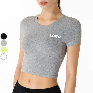 Summer 2022 Women's Casual Short Sleeve Activewear tight fit round neck yoga crop top