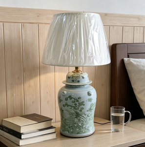 Lampada da Tavolo in Ceramica Stile Chinoiserie con Motivo Floreale Verde e Paralume in Lino, Lampada Vintage - Product Image 3