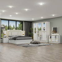 DAVINI Ensemble de meubles de chambre à coucher modernes pour villa et hôtel, grand lit king size, tête de lit éclairée avec rangement, 5+ tiroirs, laque beige brillante