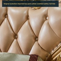 Lit de maître en chêne massif de style européen Mullinsen modèle 808, 180x200 cm, lit double de luxe en cuir français champagne, lit de mariage sculpté