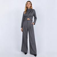 Ensembles de pantalons d'été chics en gros : Blazer plissé à col montant et pantalon large taille haute – Tenues élégantes pour femmes de bureau