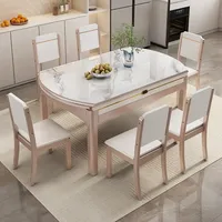 Ensemble table et chaises de salle à manger rectangulaire extensible moderne de luxe avec plateau en pierre frittée écologique et pieds en bois pour restaurant