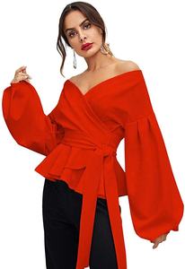 MANNI Manica Lunga Con Scollo A V Volant Camicetta Off Spalla Borgogna Delle Donne Camicette - Product Image 5