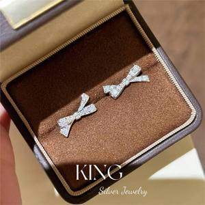 King <b>Silver</b> Jewelry Bow <b>Stud</b> <b>Earrings</b> S925 Sterling <b>Silver</b> Claw Setting Everyday Wear - Product Image 1