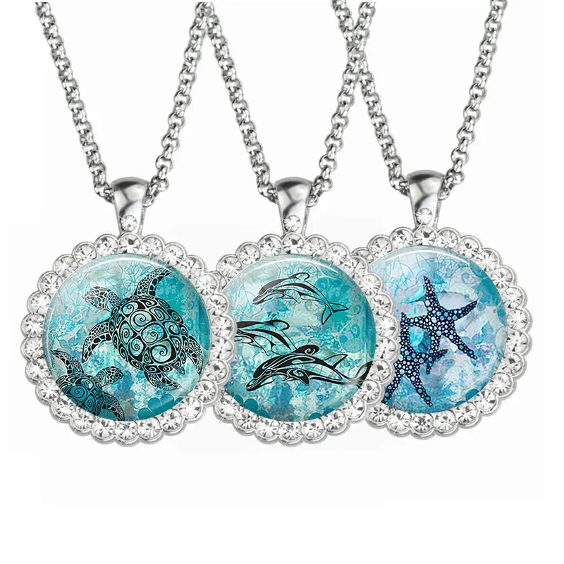 Seestern Strass Halskette Schildkröte Kristall Anhänger Mode Delphin Schmuck Blue Ocean Silber Accessoires Geschenk für Frauen und Männer