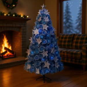 Artificial Christmas Tree 180cm 230T Blue Fiber Optic Tips With Flowers Indoor Pine Tree Standing Base Bendable Branches - Product Image 2