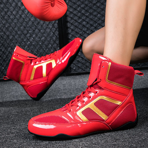 Zapatos de boxeo con cordones de malla, transpirables, de caña alta, para hombres y mujeres, entrenamiento, lucha, gimnasio, entrenamiento, rojo, dorado - Product Image 1