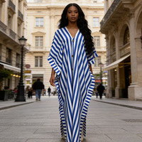 Robe longue d'été 2026 rayée à col en V et manches courtes, coupe droite, style doux, ample, en polyester