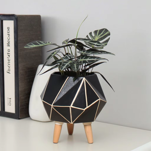 <span class=keywords><strong>Pot</strong></span> de fleurs en céramique avec pieds en bois KD, design diamant contemporain, écologique, noir et blanc, sculpté à la main - Product Image 2