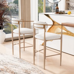 Ensemble de 2 tabourets de bar modernes pour hôtel, rembourrés avec dossier en tissu beige, pieds en bois naturel et fer, meubles commerciaux robustes - Product Image 1