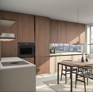Meubles de cuisine modernes en bois chaud texturé, lignes épurées et lumière naturelle douce, noyer gris <span class=keywords><strong>Achat</strong></span> - Product Image 1