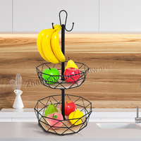 Fil de décoration Organisateur en métal à 2 niveaux Rangement des aliments et des légumes Porte-cadeau Bol Corbeille à fruits avec cintre banane pour la cuisine