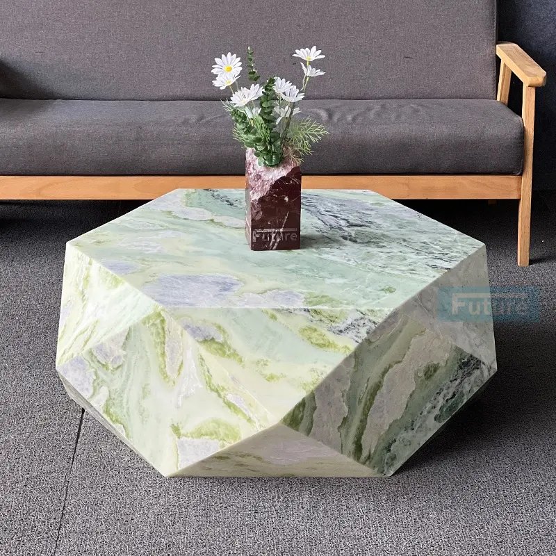 Luxus Naturgrüner Marmor Wohnzimmermöbel Polygon Mode Marmor Sockel Diamant Couchtisch Marmor-Center-Tisch