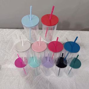 Transparent Colored Plastic Cup Customizable Logo Pattern 16Oz 480Ml Double Wall Plastic Straw Cup Tumbler Cup Mug With Straw - Product Image 6