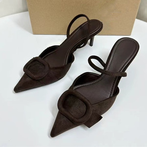 Sandales d'été à talons bleus pour femmes, style bout pointu, en faux daim, à boucle carrée, à bride unique et dos nu - Product Image 3