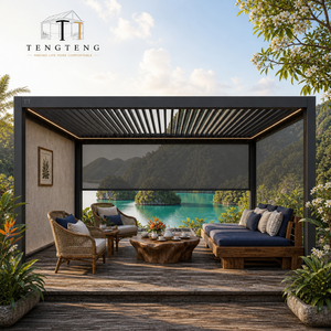 Motorisierte Aluminium-Pergola mit Verstellbarem Lamellendach und Schiebetüren aus Glas für Wintergarten und Geschlossene Terrasse - Product Image 1