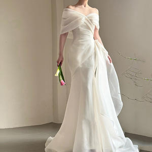 Váy cưới sang trọng <span class=keywords><strong>2025</strong></span> kiểu mới, một dây, đuôi dài bằng vải tuyn, màu trắng, thanh lịch, kiểu Pháp, nhẹ nhàng - Product Image 2