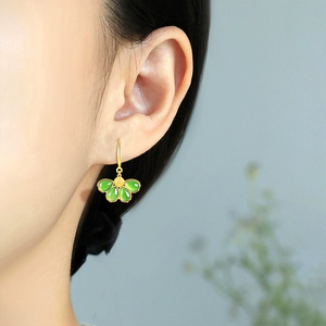 Old material spinach green natural andite jade flower-shaped earrings, S925 <b>silver</b> inlay, elegant women's jade jewelry piece - Product Image 5