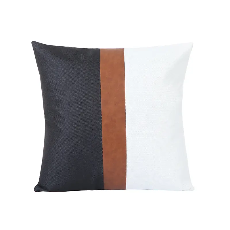 Home Decor Patchwork Faux Leather Pillow Cover Decorative Throw Pillow Case 18x18 Black Strips Linen PU Patchwork Cushion Cover