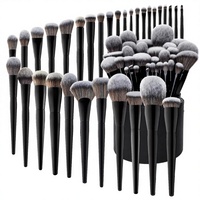 Ensemble de 19/30 pinceaux de maquillage de luxe en poils synthétiques noirs avec manche en bois, pinceau plat pour estomper, anticernes, fond de teint, fard à paupières