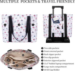 Borsa Tote da Donna con Scomparto per Laptop e Portabicchieri, Motivo Navi, in Nylon, 16x6.5x13 Pollici, per Lavoro, Viaggi, Palestra, Spiaggia, Insegnanti, Scuola, Mamme - Product Image 4