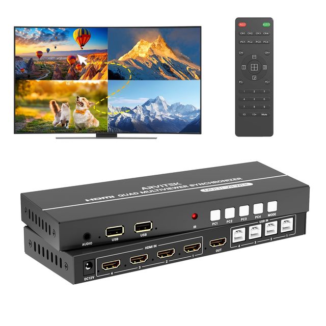 Quad HDMI Multiviewer Switch 4x1 w/PIP, POP, 4K@30Hz, HDMI Switcher 4 Port w/Multi-Viewer, 3.5mm Audio Output, 6 Viewing Modes