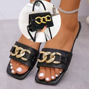 Estate <span class=keywords><strong>donna</strong></span> nuova moda catena in metallo grandi pantofole fondo piatto Cool pantofole modello pietra borsa a spalla singola - Product Image 3