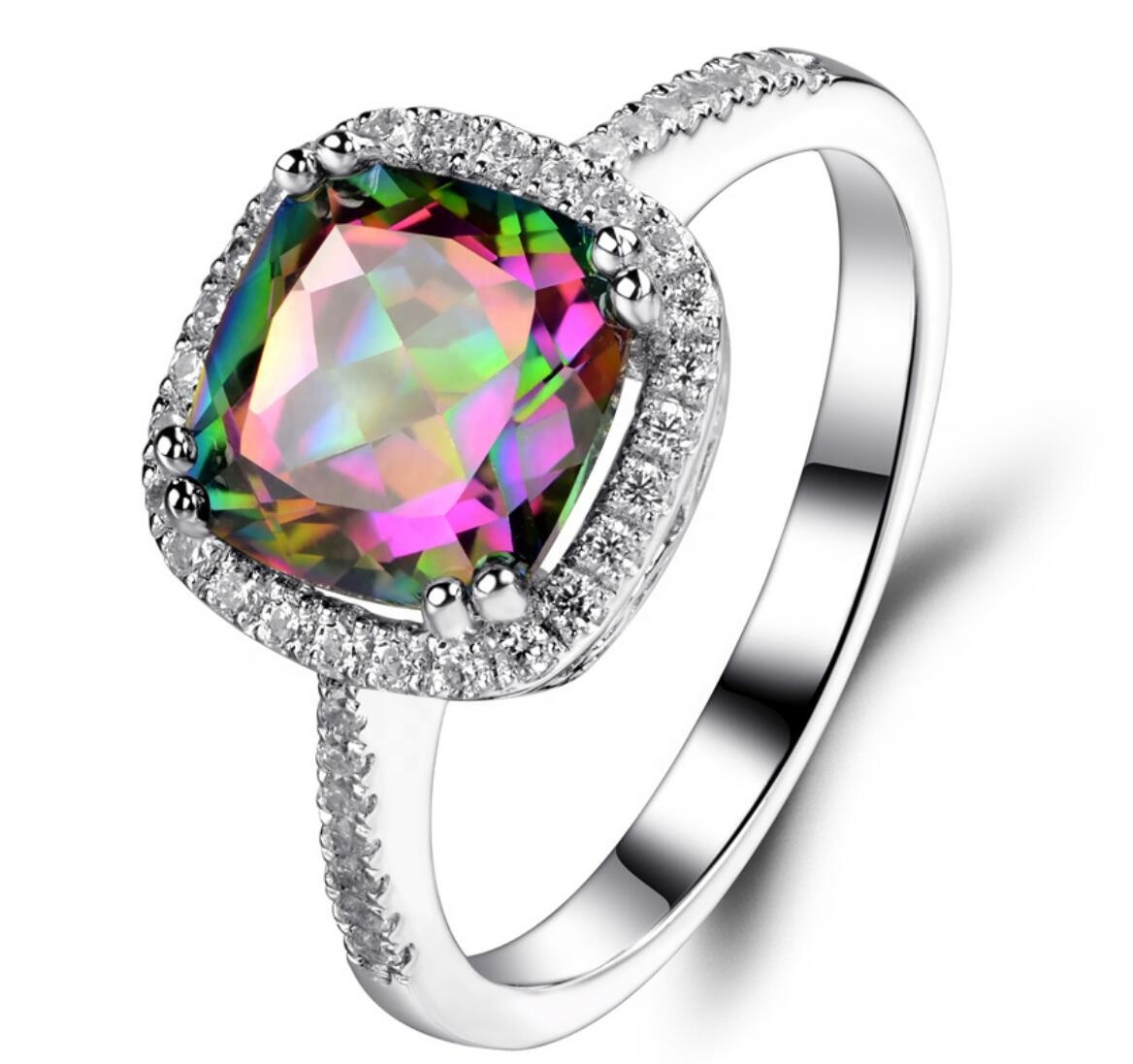 Cincin Pernikahan Tunangan Kustom 925 Murni Perak Mystic Topaz Cz untuk Wanita