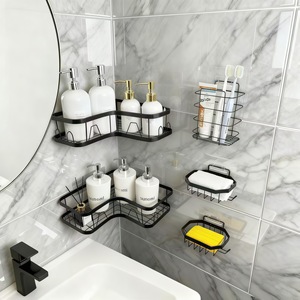 Estante Esquinero Metálico Negro Mate Resistente a la Corrosión para Baño, Organizador de Ducha Adhesivo sin Perforaciones, Set de Estantes de Almacenamiento Montados en Pared - Product Image 1