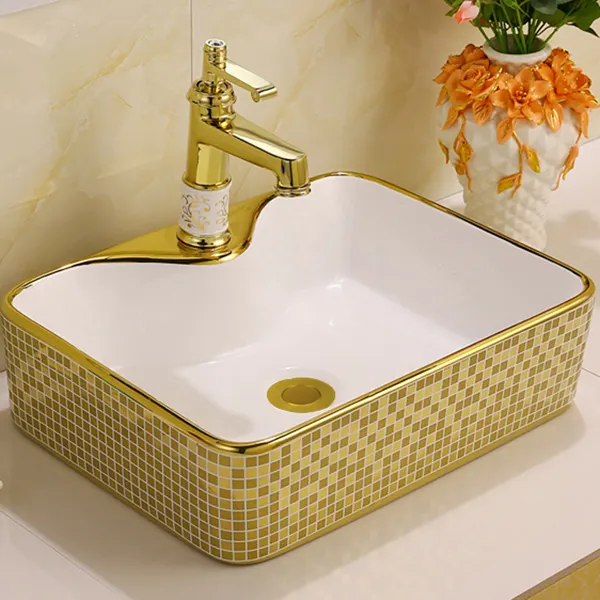 Luxury Sanitary Ware Table Top White Gold Washbasin Art Bathroom Sink Ceramic Golden Wash Basin