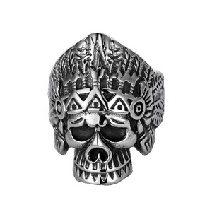 Anillo de Calavera <span class=keywords><strong>Punk</strong></span> Gótico para Hombre y Mujer, Joyería de Motociclista Hecha a Mano, Acero Inoxidable, Estilo <span class=keywords><strong>Retro</strong></span> Americano, Jefe de los Guerreros - Product Image 1