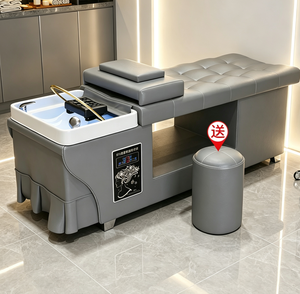Sillón de peluquería de cuero negro con lavacabezas para spa capilar, tratamiento capilar y masaje, con lavabo - Product Image 4