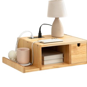 Wooden Bedside Storage <b>Shelf</b> With Drawer Solid <b>Pine</b> Natural Color Floating Nightstand Bedroom Organizer - Product Image 5