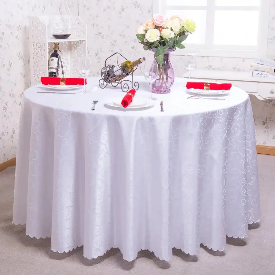 Venta caliente al por mayor teñido de hilo blanco 120 pulgadas ronda manteles Hotel restaurante cena de la boda de poliéster de tela de mesa a granel