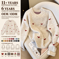 Pull en tricot pour femme, motif jacquard personnalisé, col rond, manches longues, motif cœur, fabricant OEM ODM, marque privée