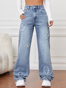 Jeans <span class=keywords><strong>Femme</strong></span> Grande Taille Personnalisables en Denim Imprimé Cœur, Taille Haute, Jambe Large et Décontractée - Product Image 3