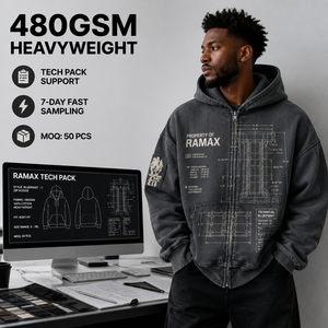 เสื้อฮู้ดซิปผู้ชาย RAMAX ผ้าหนา 480GSM ทรงบ็อกซี่ ผ้าฝ้ายพิมพ์ลายแบบเทคนิคอล ดีไซน์ลายพิมพ์แบบแผนผัง สำหรับฤดูใบไม้ร่วง สไตล์สตรีทแวร์ - Product Image 1
