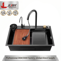 Évier de cuisine simple en acier inoxydable noir 29,5 x 17,7 po, à poser, avec poste de travail, trois accessoires de lavage carrés, design cascade
