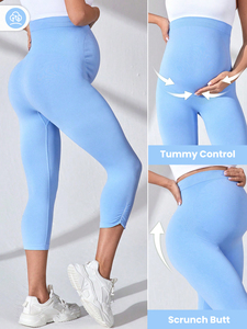 En stock Leggings capri de maternité taille haute, effet froncé aux fesses, avec soutien abdominal, extensibles, pour le yoga et l'entraînement - Product Image 2