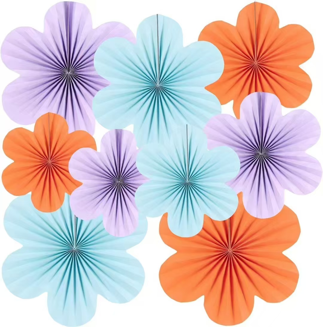 Éventail en papier fleur vert, orange et violet