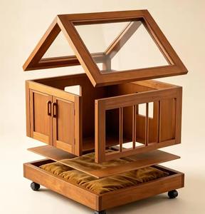Modern Enclosed Pet House with Wheels Wooden <b>Dog</b> Cat Crate Furniture with Transparent Skylight & Washable Cushion Indoor Pet K - Product Image 1