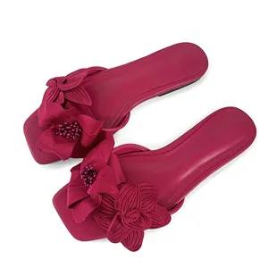 ZAZB sandal sepatu selop wanita, Kasut datar desain tanaman bunga bagal untuk perempuan