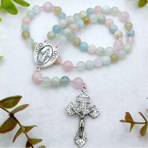 宗教的な母メアリー聖母奇跡的なメダルロザリオモルガナイトビーズカトリック結び目ロザリオと十字架 - Product Image 1