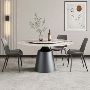 Table à manger rotative en acier inoxydable noir de 60 pouces pour 8 personnes, design minimaliste moderne, plateau en pierre frittée pour villa et appartement - Product Image 2